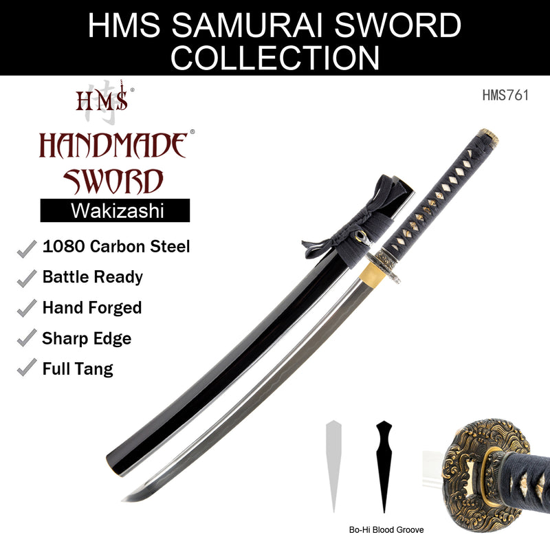 Fully Functional Japanese Wakizashi Samurai Sword, Fully Hand Forged, 1080 Carbon Steel, Heat Tempered