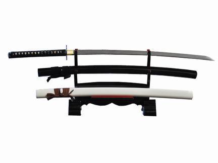 DELUXE DOUBLE TIER BLACK PIANO LACQUERED WOOD JAPANESE SAMURAI SWORD STAND - buyblade