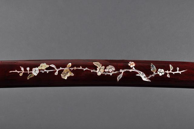 FULLY HAND FORGED RED MOTHER OF PEARL PLUM BLOSSOM SAMURAI KATANA SWORD - buyblade