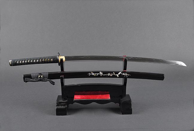 FULLY HAND FORGED BLACK MOTHER OF PEARL PLUM BLOSSOM SAMURAI KATANA SWORD - buyblade